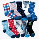 Collection of custom knitted logo crew socks in assorted colors and patterns