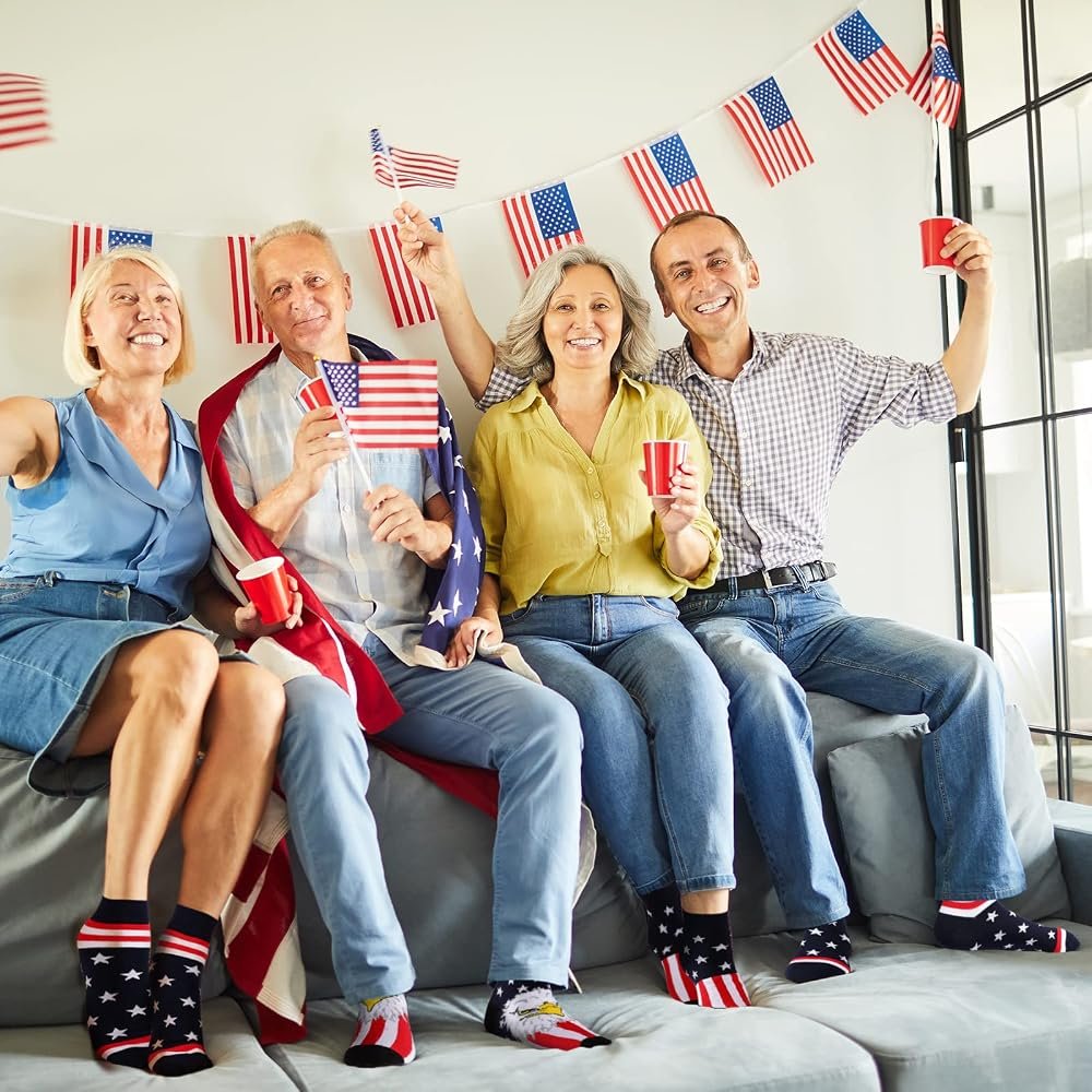 Friends wearing custom patriotic ankle dress socks at a red, white, and blue celebration.