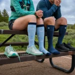 Two hikers wearing custom knitted logo socks at an outdoor trail rest area