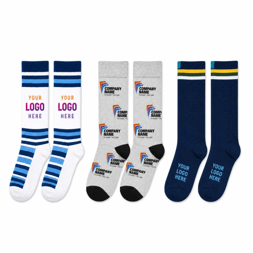 Three pairs of custom crew socks showing striped, all-over printed and textured logo designs.