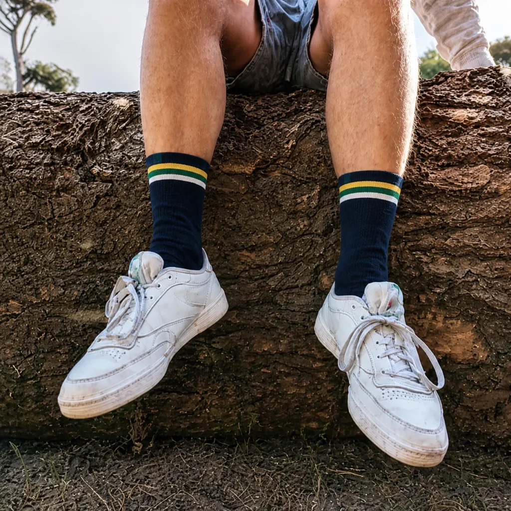 Navy crew socks with yellow, green and white cuff stripes worn with white sneakers outdoors.