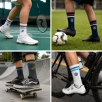 Custom athletic logo crew socks worn for badminton, soccer, skateboarding and cycling.