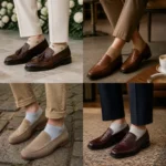 Custom ankle dress socks styled with loafers for weddings, coffee dates, casual wear, and office outfits.
