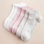 Three pairs of women's ankle socks in white, blush pink, and oatmeal neutral colors.