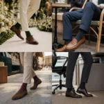 Custom crew dress socks styled for a wedding, coffee outing, casual walk, and office work.