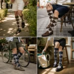 Four summer outfits styled with custom over the calf dress socks and tailored shorts.