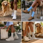 Four lifestyle scenes featuring custom dog photo socks in cream, blue, and neutral colors.