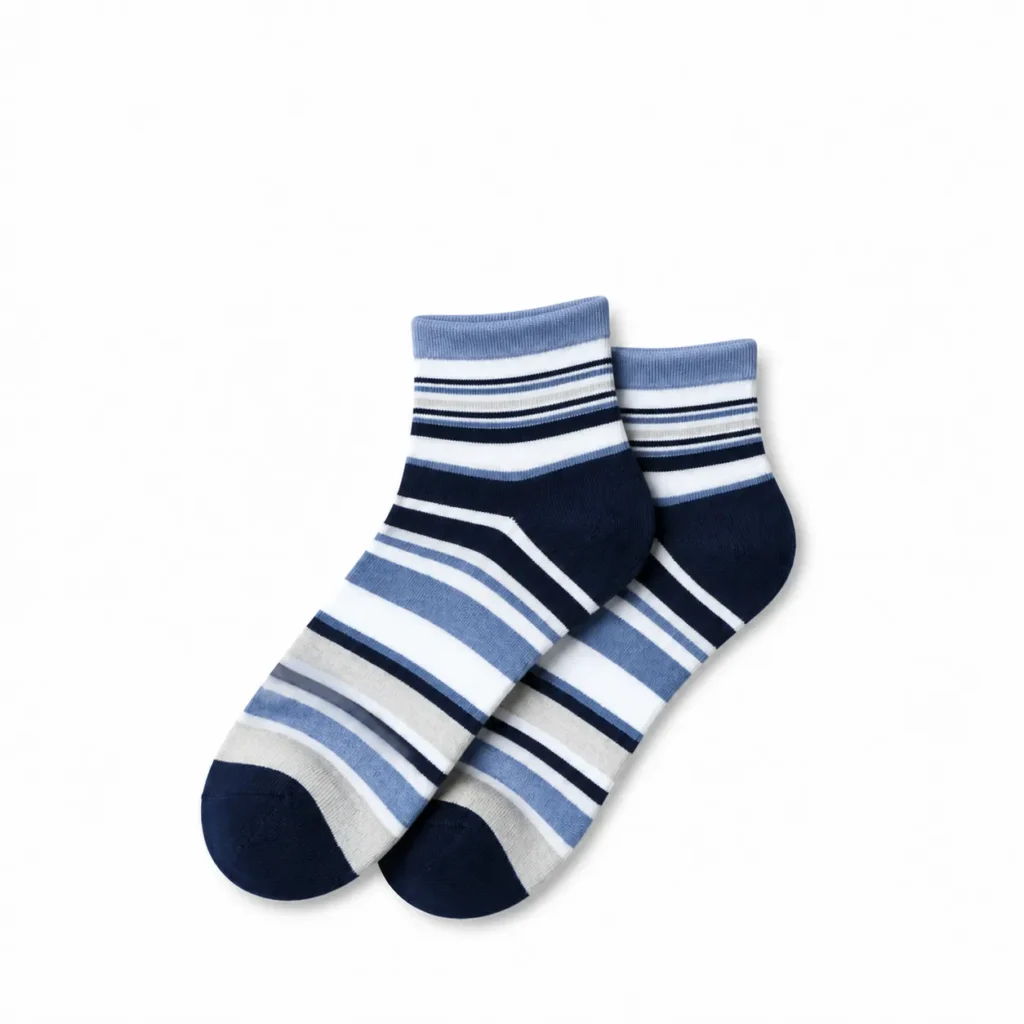 Pair of blue, navy, white and grey striped custom quarter crew socks on a white background.