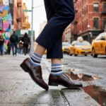 Man wearing blue and white striped custom quarter crew socks with brown monk strap shoes on a wet city street.