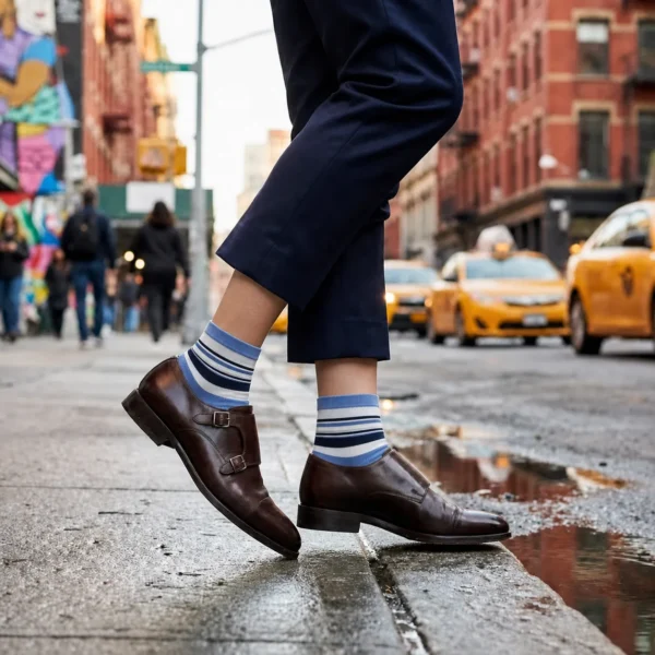 Man wearing blue and white striped custom quarter crew socks with brown monk strap shoes on a wet city street.