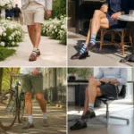 Custom quarter crew socks in striped designs styled for wedding, café, cycling and office casual scenes.