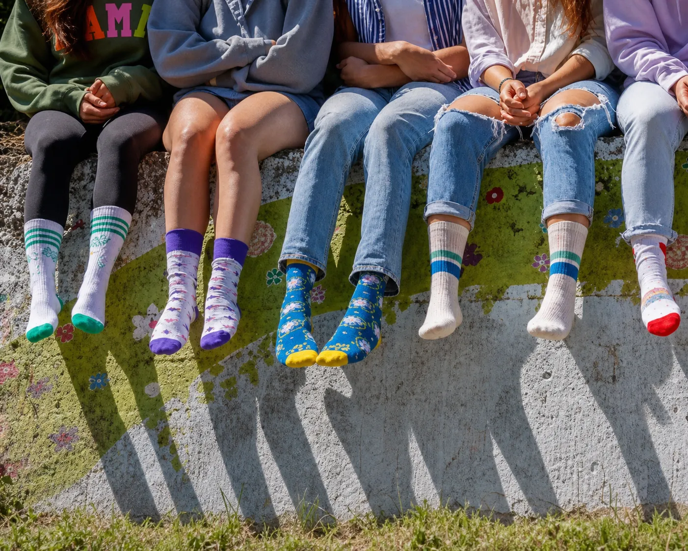 Group of friends wearing colorful custom logo socks while sitting outdoors.