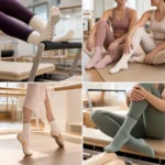 Custom ruffle grip socks worn for Pilates, ballet practice, and studio movement.