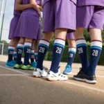 Sports team wearing matching custom number 28 over the calf socks