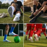 Four soccer grip sock scenes showing non-slip sole grips, training wear, ball control, and team play.