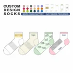 Custom quarter crew socks design infographic with logo placement, color choices and packaging options.