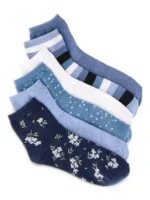 Blue, navy and white quarter crew socks in striped, dotted, solid and floral designs.