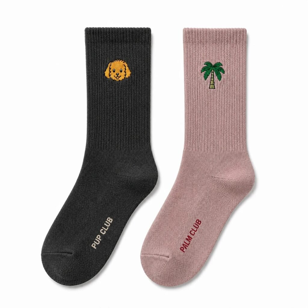 Black and dusty rose custom embroidered crew socks with dog and palm tree logos.