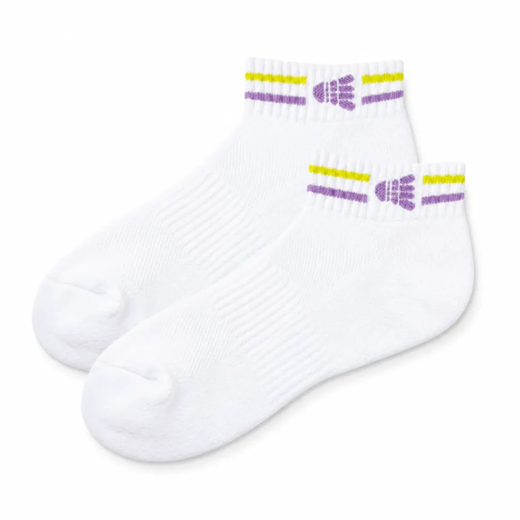 Pair of white custom logo badminton ankle socks with purple and yellow stripes