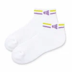 Pair of white custom logo badminton ankle socks with purple and yellow stripes