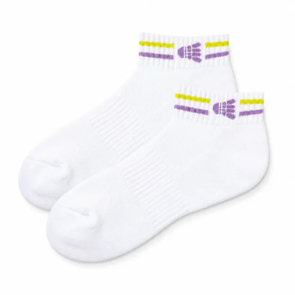 Pair of white custom logo badminton ankle socks with purple and yellow stripes