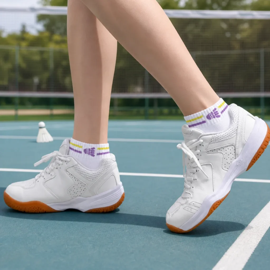 Athlete wearing custom badminton ankle socks and white shoes on a court