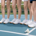 Badminton team wearing custom logo ankle socks and white court shoes
