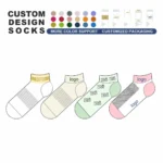 Custom ankle socks design with multiple colors, logo placements, and personalized packaging options