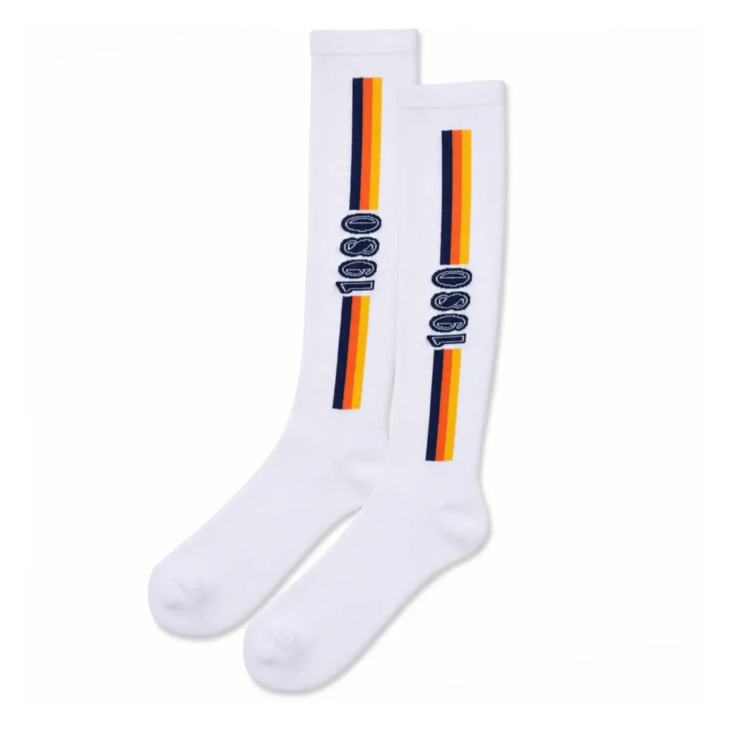 White custom knee high athletic socks with navy orange yellow stripes and number design